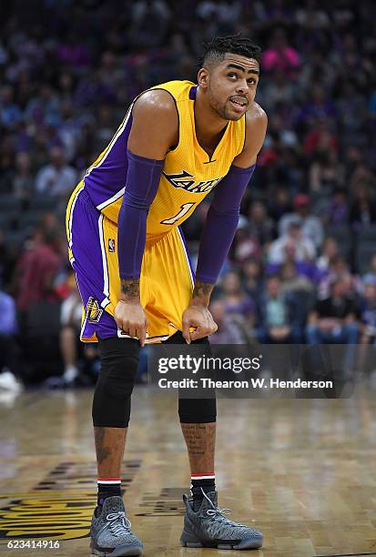 Angelo Russell of the Los Angeles Lakers looks on against the Sacramento Kings during an NBA basketball game at Golden 1 Center on November 10, 2016...