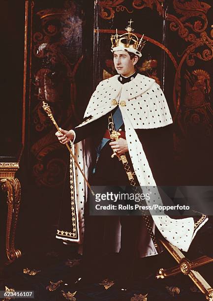 View of Prince Charles, Prince of Wales, dressed in his investiture regalia as he will be seen during the upcoming crowing ceremony at Caenarfon...