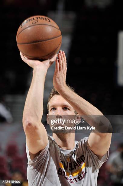 Mike Dunleavy of the Cleveland Cavaliers warms up before a game against the Toronto Raptors on November 15, 2016 at Quicken Loans Arena in Cleveland,...