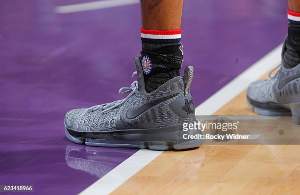 The shoes belonging to D'Angelo Russell of the Los Angeles Lakers in a game against the Sacramento Kings on November 10, 2016 at Golden 1 Center in...