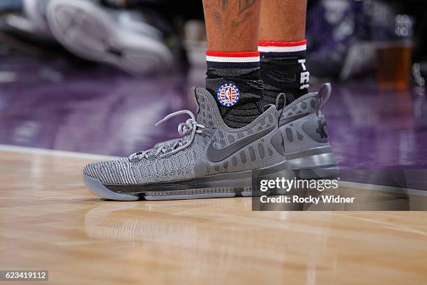 The shoes belonging to D'Angelo Russell of the Los Angeles Lakers in a game against the Sacramento Kings on November 10, 2016 at Golden 1 Center in...