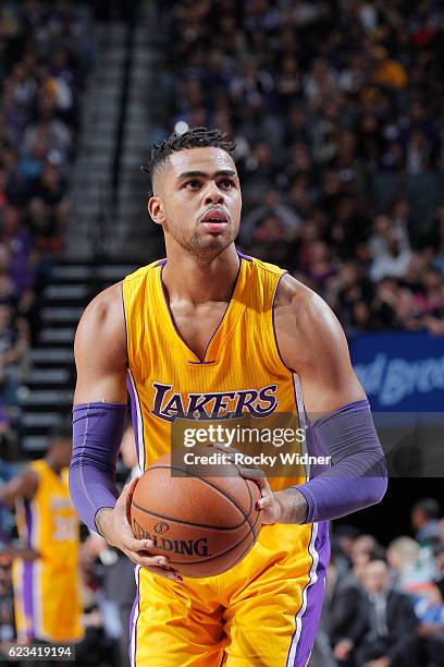 Angelo Russell of the Los Angeles Lakers attempts a free throw shot against the Sacramento Kings on November 10, 2016 at Golden 1 Center in...