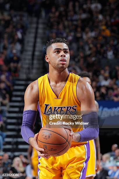 Angelo Russell of the Los Angeles Lakers attempts a free throw shot against the Sacramento Kings on November 10, 2016 at Golden 1 Center in...