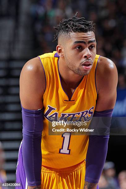 Angelo Russell of the Los Angeles Lakers looks on during the game against the Sacramento Kings on November 10, 2016 at Golden 1 Center in Sacramento,...