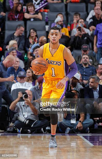 Angelo Russell of the Los Angeles Lakers brings the ball up the court against the Sacramento Kings on November 10, 2016 at Golden 1 Center in...