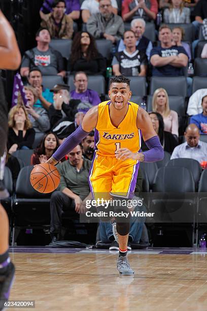 Angelo Russell of the Los Angeles Lakers brings the ball up the court against the Sacramento Kings on November 10, 2016 at Golden 1 Center in...