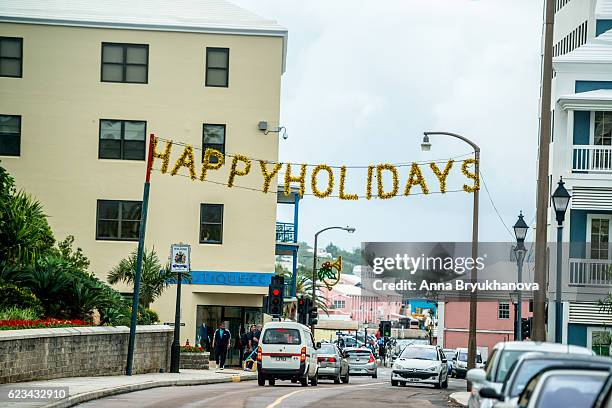 happy holidays banner of hamilton street, bermuda - happy holidays around the world stock pictures, royalty-free photos & images