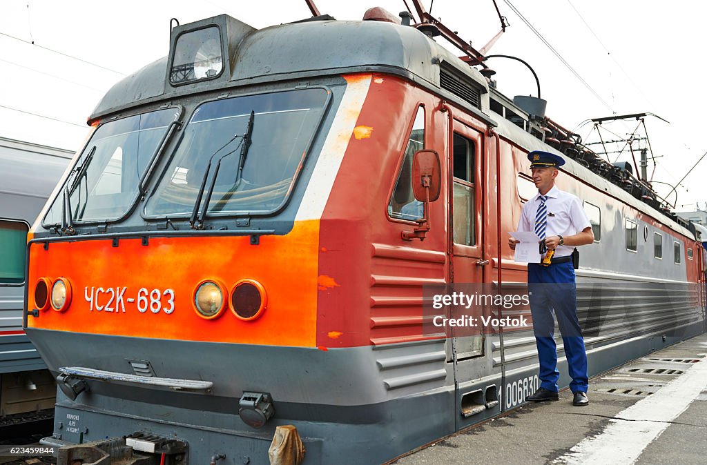 Locomotive on the railway station in Moscow