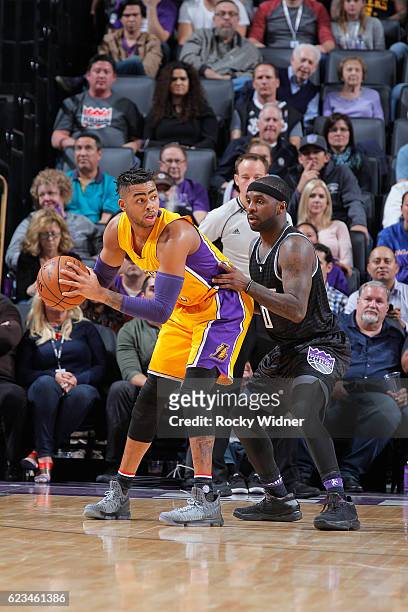 Angelo Russell of the Los Angeles Lakers handles the ball against Ty Lawson of the Sacramento Kings on November 10, 2016 at Golden 1 Center in...