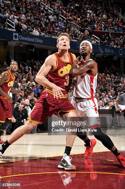 Mike Dunleavy of the Cleveland Cavaliers fights for position against Terrence Ross of the Toronto Raptors during a game on November 15, 2016 at...