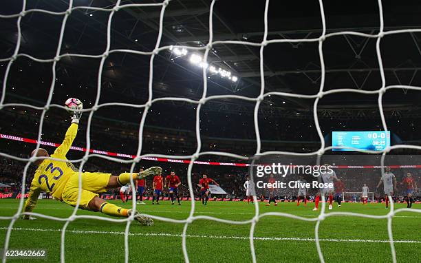 Adam Lallana of England scores the opening goal of the game from the penalty spot past goalkeeper Pepe Reina of Spain during the international...
