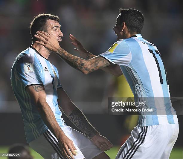 Lucas Pratto of Argentina celebrates after scoring the second goal of his team during a match between Argentina and Colombia as part of FIFA 2018...