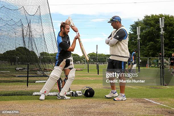 Kane Williamson of New Zealand talks with batting coach Craig McMillan during a New Zealand nets session at Hagley Oval on November 16, 2016 in...
