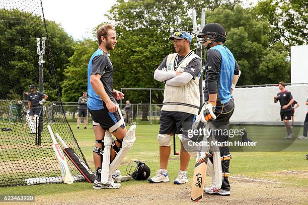 Kane Williamson, Craig McMillan and Tom Latham of New Zealand talk during a New Zealand nets session at Hagley Oval on November 16, 2016 in...