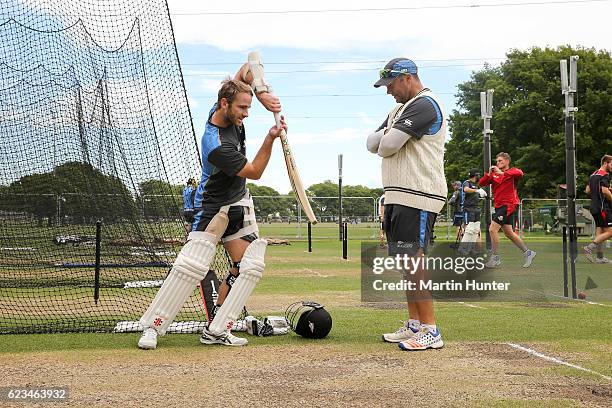 Kane Williamson of New Zealand talks with batting coach Craig McMillan during a New Zealand nets session at Hagley Oval on November 16, 2016 in...