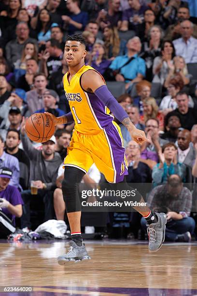 Angelo Russell of the Los Angeles Lakers brings the ball up the court against the Sacramento Kings on November 10, 2016 at Golden 1 Center in...