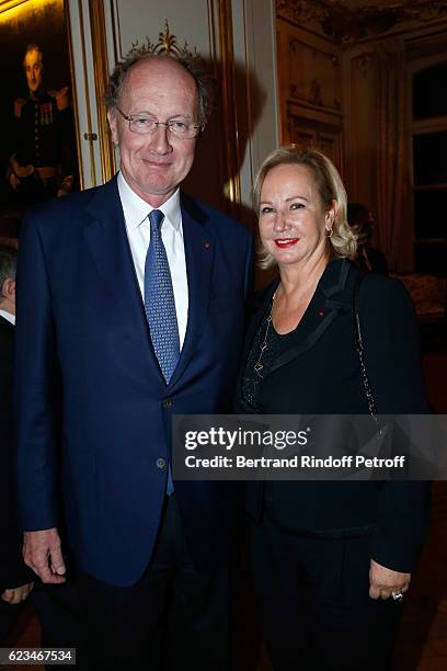 Yves de Gaulle and his wife Laurence attend the Reception for the "King of Belgians Day" at Belgium Ambassy on November 15, 2016 in Paris, France.