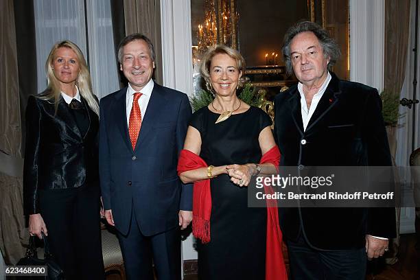 Alice Bertheaume, Belgium Ambassador to France, Vincent Mertens de Wilmars, his wife Marie-Joelle and Gonzague Saint Bris attend the Reception for...