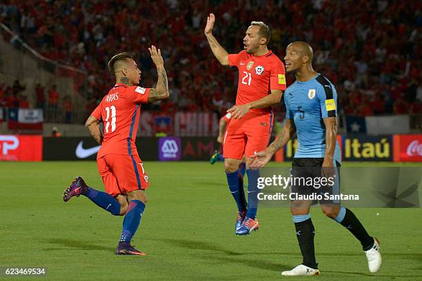 Eduardo Vargas of Chile celebrates his team's first goal, during a match between Chile and Uruguay as part of FIFA 2018 World Cup Qualifiers at...