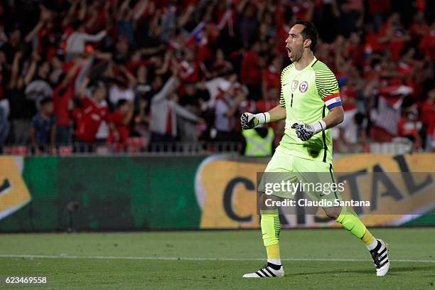 Claudio Bravo goalkeepr of Chile celebrates during a match between Chile and Uruguay as part of FIFA 2018 World Cup Qualifiers at Nacional Julio...