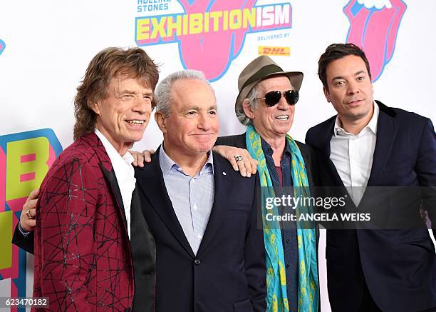 Mick Jagger, Lorne Michaels, Keith Richards and Jimmy Fallon attend The Rolling Stones North American debut celebration of "Exhibitionism" at...