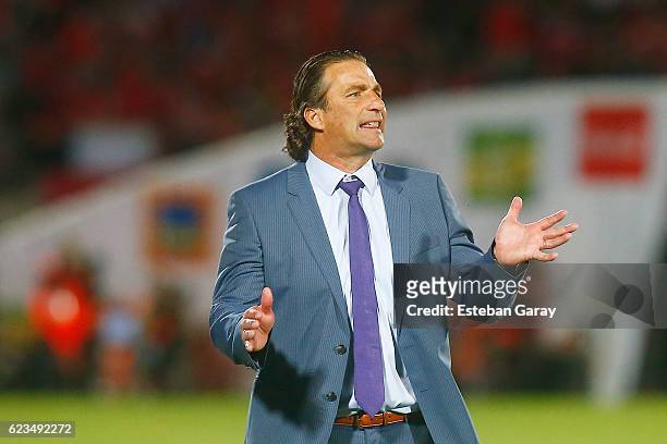 Juan Antonio Pizzi coach of Chile gestures during a match between Chile and Uruguay as part of FIFA 2018 World Cup Qualifier at Nacional Julio...