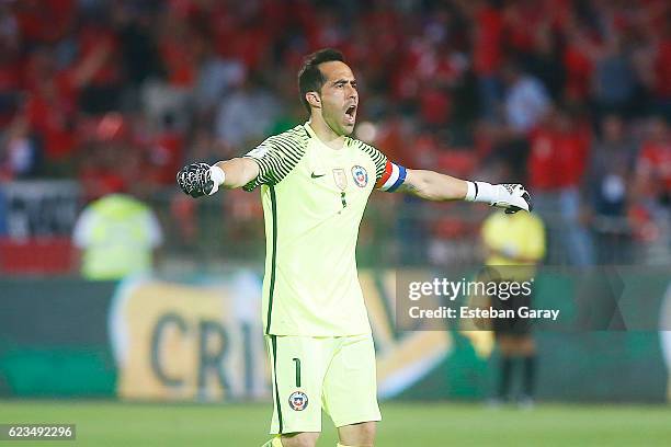 Claudio Bravo goalkeeper of Chile celebrates during a match between Chile and Uruguay as part of FIFA 2018 World Cup Qualifiers at Nacional Julio...