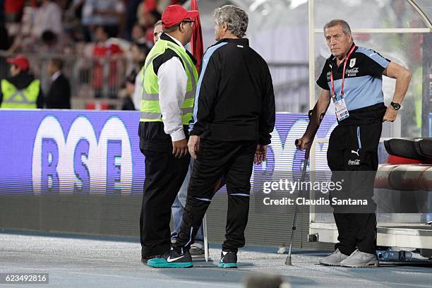 Oscar Tavarez coach of Uruguay talks reacts during a match between Chile and Uruguay as part of FIFA 2018 World Cup Qualifiers at Nacional Julio...