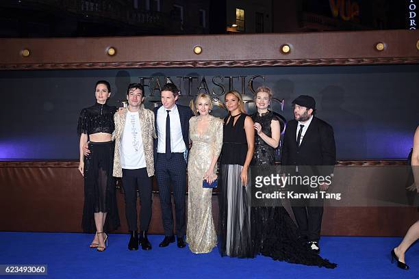 Katherine Waterston, Ezra Miller, Eddie Redmayne, J. K. Rowling, Carmen Ejogo, Alison Sudol and Dan Fogler attend the European premiere of "Fantastic...