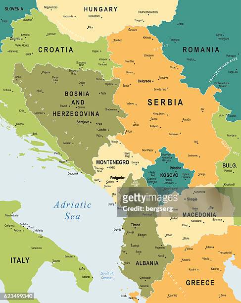 ilustraciones, imágenes clip art, dibujos animados e iconos de stock de mapa de la región de los balcanes centrales - península
