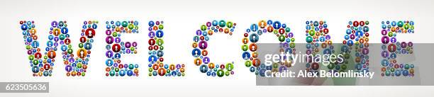welcome people circle vector graphic illustration - hello in different languages stock illustrations