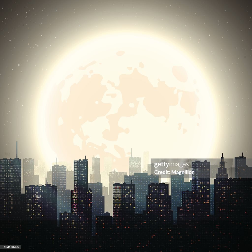 City at Night with Moon