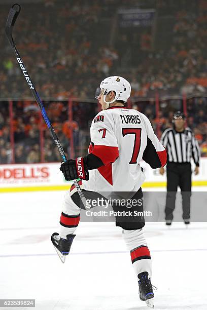 Kyle Turris of the Ottawa Senators celebrates after scoring a goal against the Philadelphia Flyers during the third period at Wells Fargo Center on...