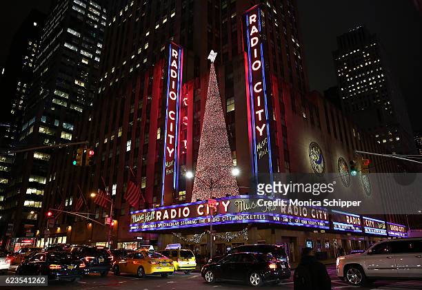 View of the exterior of Radio City Music Hall during the "Christmas Spectacular Starring The Radio City Rockettes" Opening Night at Radio City Music...
