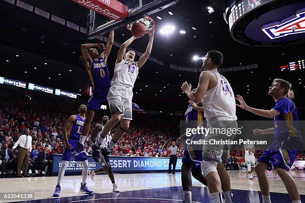 Lauri Markkanen of the Arizona Wildcats slam dunks the ball against Matt Smith of the Cal State Bakersfield Roadrunners during the first half of the...