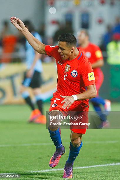 Alexis Sanchez of Chile celebrates after scoring the second goal of his team during a match between Chile and Uruguay as a part of FIFA 2018 World...