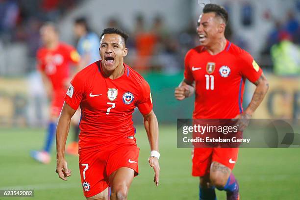 Alexis Sanchez of Chile celebrates after scoring the second goal of his team during a match between Chile and Uruguay as a part of FIFA 2018 World...