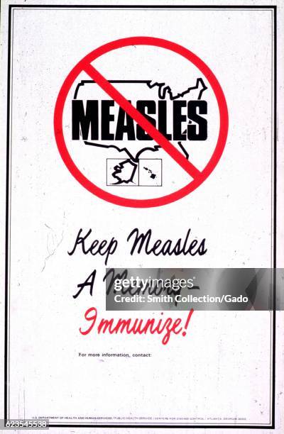 Poster issued by the United States Centers for Disease Control, depicting the forty-eight contiguous States, advocating for measles immunizations,...