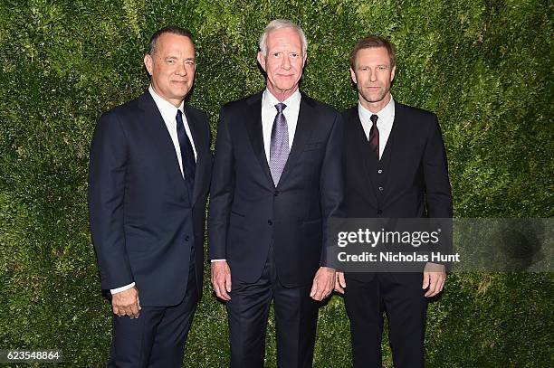 Tom Hanks, Captain Chesley Sullenberger and Aaron Eckhart attend the MoMA Film Benefit presented by CHANEL, A Tribute To Tom Hanks at MOMA on...