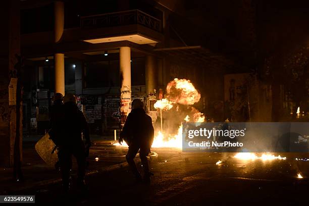 Protesters clash with police in Exarcheia district, central Athens after a demonstration against US president Obama visit in Greece on November 15,...