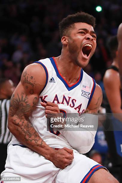 Frank Mason III of the Kansas Jayhawks reacts after a foul against the Duke Blue Devils in the second half during the State Farm Champions Classic at...