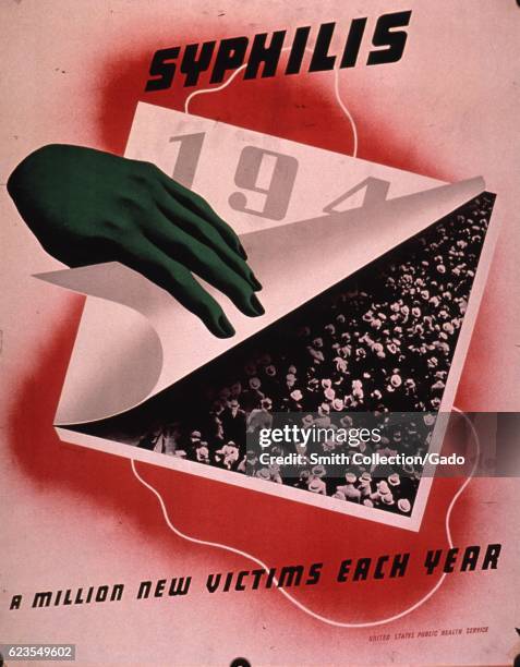 Poster issued by the United States Public Health Service, depicting a hand pulling up a calendar page, revealing a photograph of a crowd of people,...