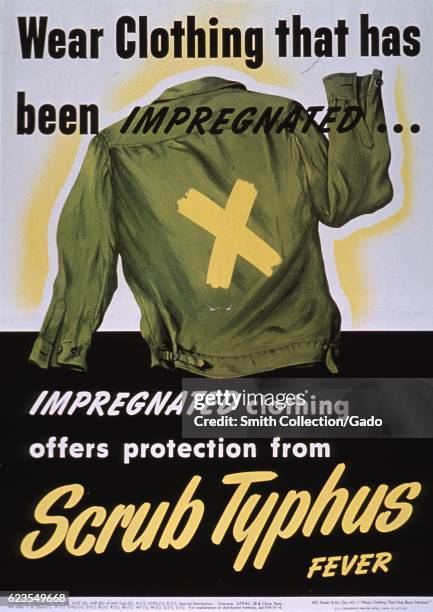 Poster issued by the United States War Department, depicting a jacket, encouraging people to protect themselves from Scrub Typhus Fever, 1945....