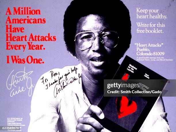 Poster issued by the United States Department of Health and Human Services, depicting tennis player Arthur Ashe, Jr holding a book, advocating for...