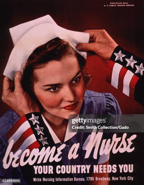 Poster issued by the U.S. Public Health Service, depicting a man fitting a woman with a nurse's hat, encouraging people to become military nurses,...