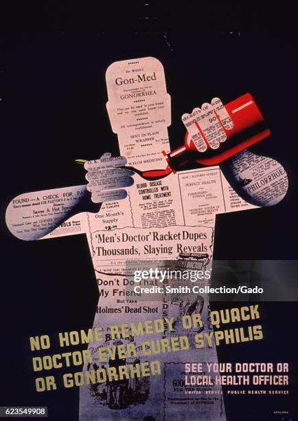 Poster issued by the United States Public Health Service showing a figure, made of clippings and advertisements about "cures" for venereal disease,...