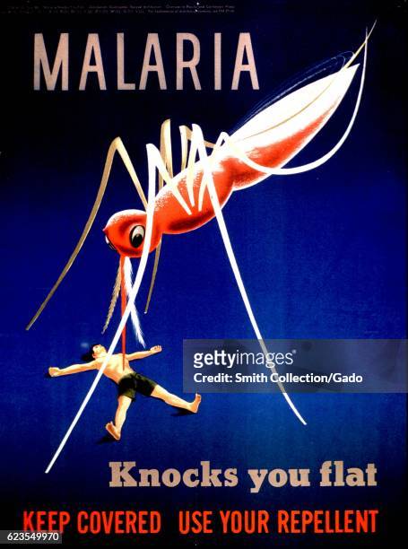 Poster depicting a giant mosquito standing over a man's body, advocating for people to protect themselves from malaria, 1920. Courtesy National...