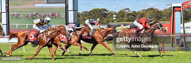 Encosta Line ridden by Damien Oliver wins the Le Pine Funerals Handicap at Ladbrokes Park Hillside Racecourse on November 16, 2016 in Springvale,...