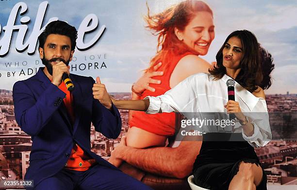 Indian Bollywood actors Ranveer Singh and Vaani Kapoor attend a promotional event for the upcoming film "Befikre" in Mumbai on November 15, 2016. /...