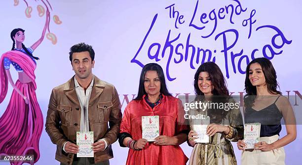 Indian Bollywood actors Ranbir Kapoor, Shabana Azmi, Twinkle Khanna and Alia Bhatt attend the launch of Twinkle Khanna's book "The Legend of Lakshmi...